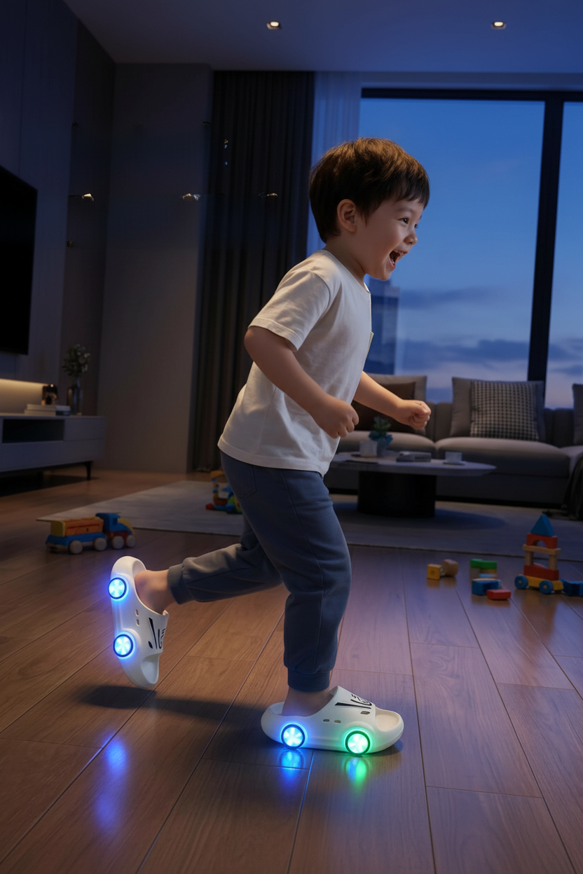 Happy child running in light-up car slippers