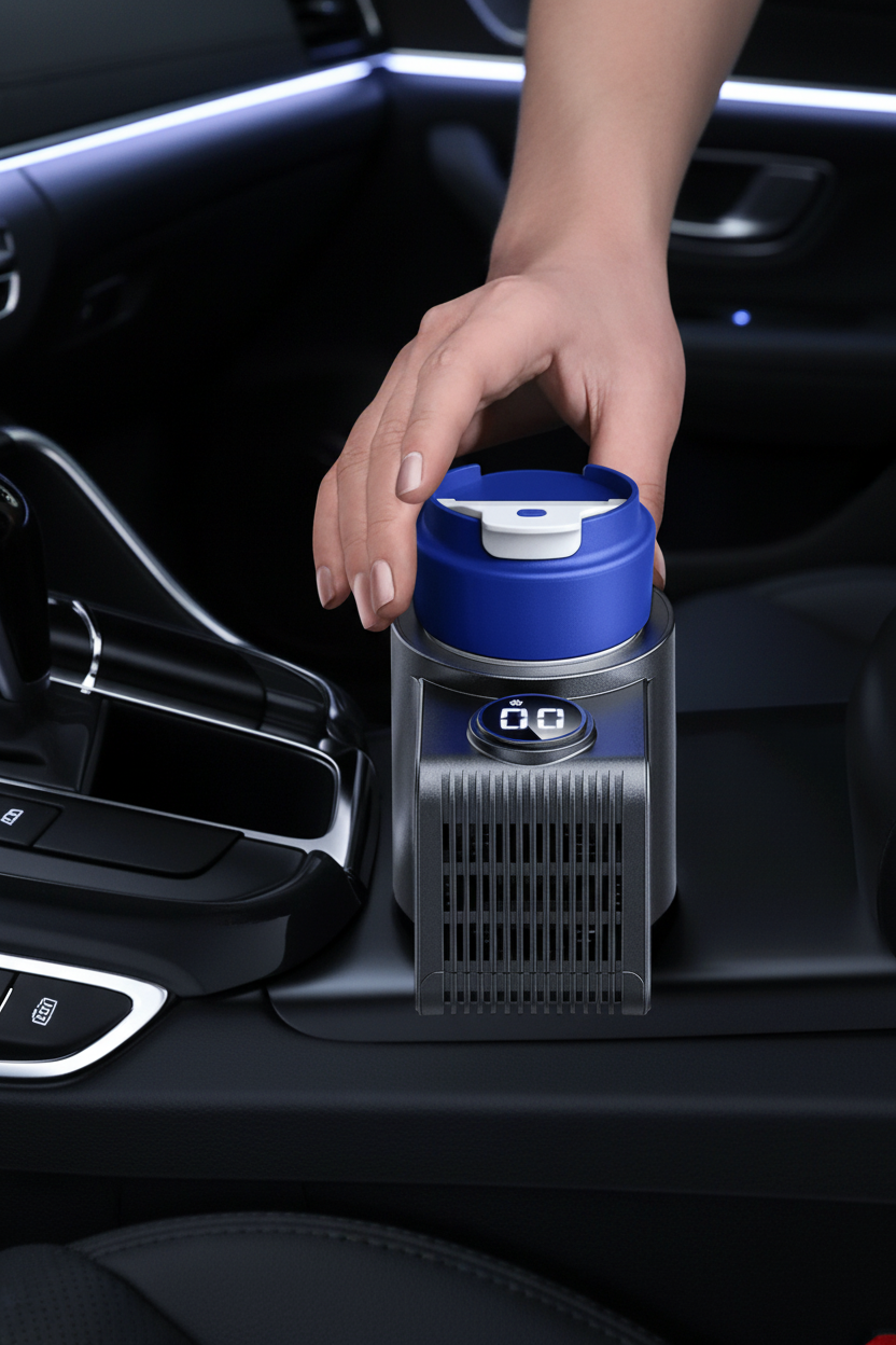 Person placing smart car cooling cup into car cup holder